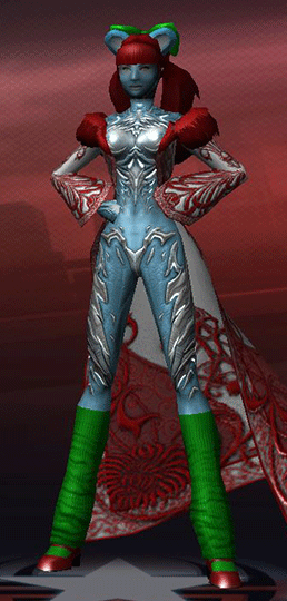 a blue character that looks otherworldly but also robotic, that has teddy bear ears, an elegant robe, green legwarmers, and a big green bow in her red hair