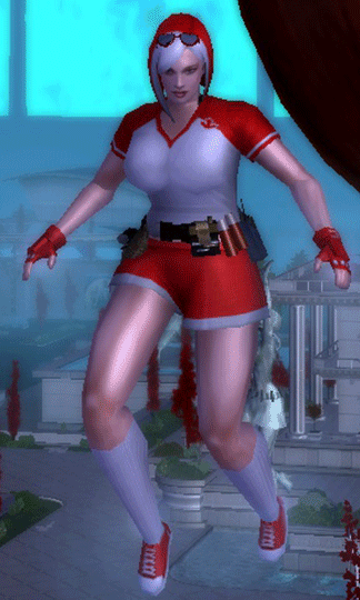 a red and white haired character, wearing a baseball styled tee and shorts, with a maple leaf emblem on the shirt