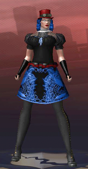 a character wearing a red top hat, blue hair, elegant steampunk-esque shirt, and a blue and black decorative skirt, with buttoned thigh high boots and black fingerless gloves