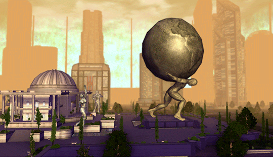 an image from the game with a statue of Atlas in the main entrance zone to the game and in front of city hall