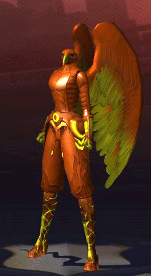 an image of a bird character in bright orange and yellow, wearing armor, and glowing accessories